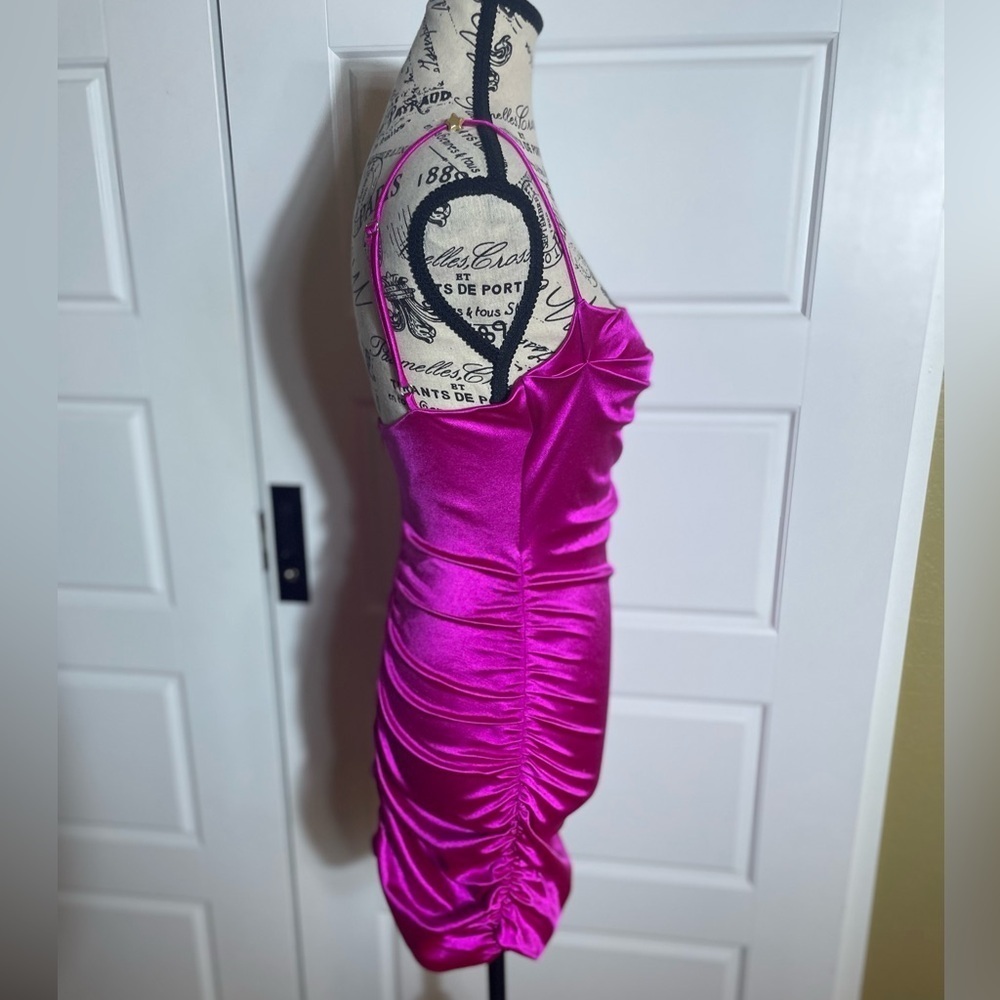 Lucy in the sky Hot Pink Fuschia Cowl Neck satin ruched mini dress - Picture 4 of 7